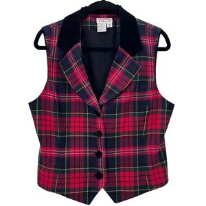 VTG Talbots Womens Plaid‎ Tartan Wool Vest Velvet Collar Button Red Green Sz 10